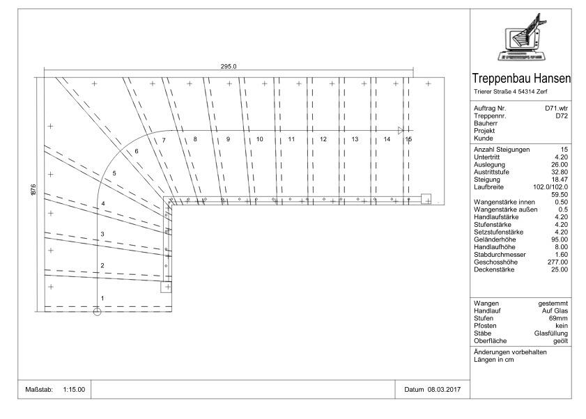 Technische Zeichnung einer Treppe von Treppenbau Hansen mit Maßen und Details zu Stufenanzahl, Ausführung, Materialien und Konstruktionsmerkmalen, sowie dem Firmenlogo im oberen rechten Bereich.